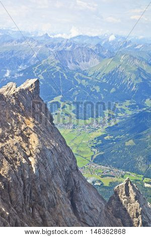 View from mountain Zugspitze Tirol at village of Ehrwald Austria