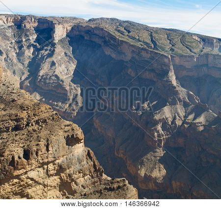 In Oman  The Old Mountain Gorge And Canyon The Deep Cloudy  Sky