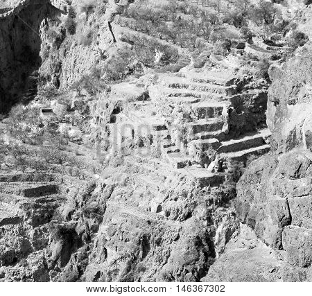 In Oman  The Old Mountain Gorge And Canyon The Deep Cloudy  Sky