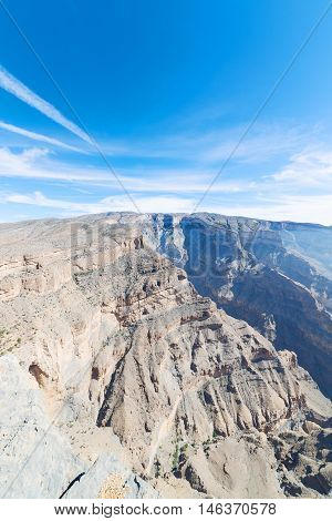 In Oman  The Old Mountain Gorge And Canyon The Deep Cloudy  Sky