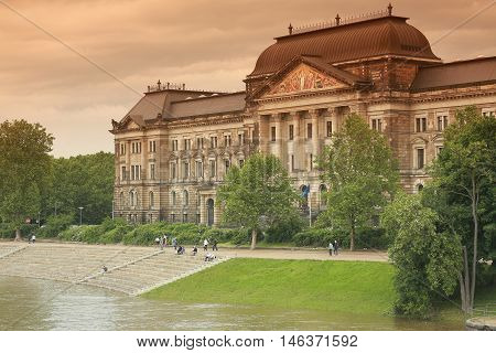 Ministry of Finance buildings over Elbe river in Dresden Germany