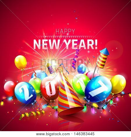 Happy New Year 2017 - Greeting card with colorful balloonslights and fireworks on red background
