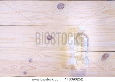 Bottled Water On The Wooden Table, Top View. Flat Lay. Helth And Fitness Concept