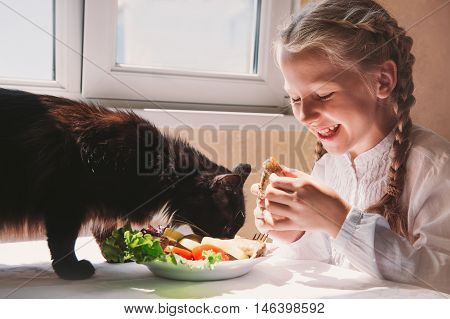 Child girl feeding a black cat in the kitchen.