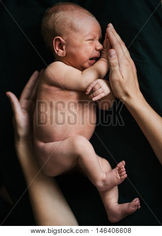 Newborn baby boy cry in mother's hands