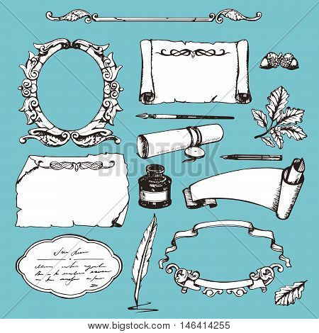 Set of various hand drawn papers and frames. Vector elements.