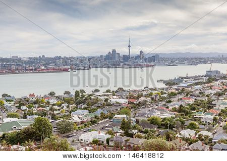 The view point of Auckland's Skyline from Mount Victoria reserve Devonport Auckland New Zealand.