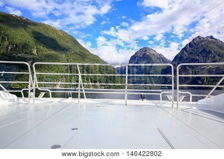 Front View Of A Boat, Beautiful Landscape. Te Anau, New Zealand