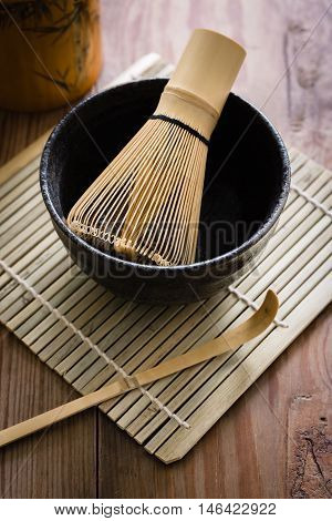 Items for making Japanese Matcha green tea in a traditional tea ceremony