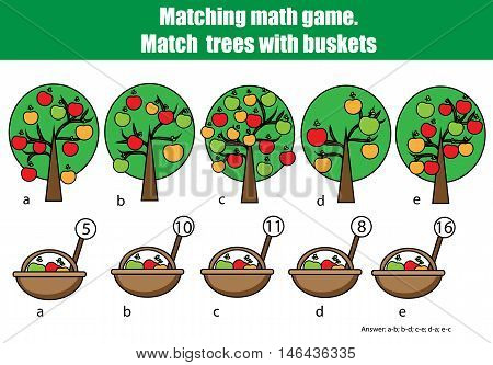 Counting educational children game, kids activity. Mathematics counting matching game. Learning numbers, addition theme