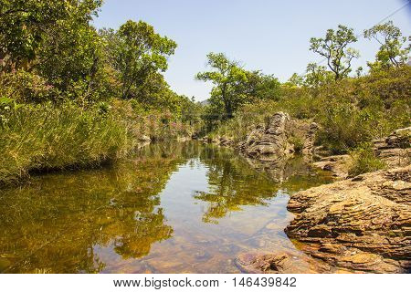 Beautiful Lake In Sunny Day Formed By Waterfalls - Serra Da Canastra National Park - Minas Gerais, B