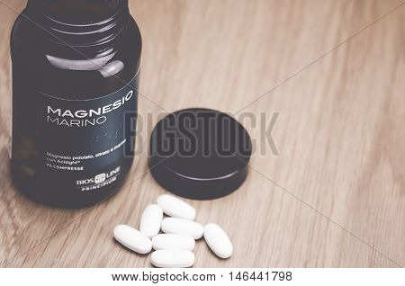 Inverigo Italy - September 9 2016: marine magnesium citrate tablets Bios Line nutritional supplement in a glass bottle