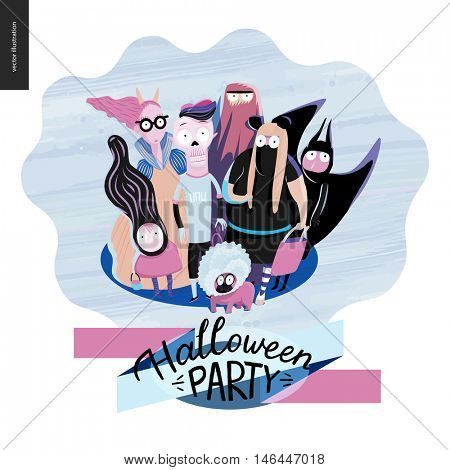 Treak or treat group of children, greeting card with lettering. Vector cartoon illustrated group of kids wearing Halloween costumes and a french bulldog, scared by something. Composition accompained