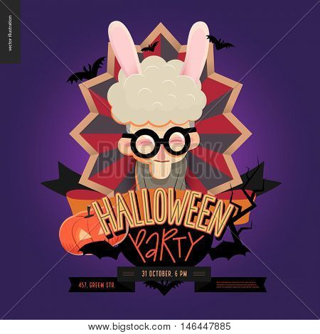 Halloween Party composed sign emblem invitation. Flat vectror cartoon illustrated design of an old lady wearing bunny ears in center of striped shield, bats, pumpkin jack-o-lantern, ribbon, lettering.