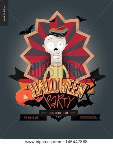 Halloween Party composed sign emblem invitation. Flat vectror cartoon illustrated design of a skeleton in center of striped shield, bats, pumpkin jack-o-lantern, ribbon, lettering