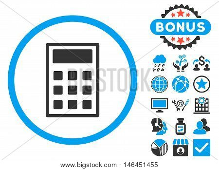 Calculator icon with bonus. Glyph illustration style is flat iconic bicolor symbols, blue and gray colors, white background.