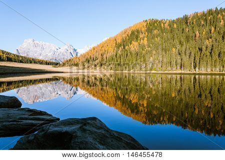 Reflections On Water, Autumn Panorama From Mountain Lake