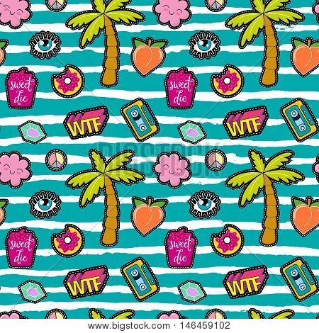80s Fashion vector seamless pattern with pop art patches, pins, badges and stickers