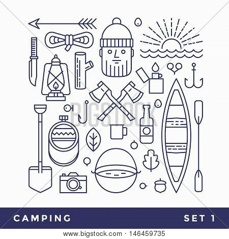 Set line icons camping tourism. Set includes: tourist, canoeing, pot, knife, ax, shovel, hook, lighter, flask, cup, paddle, sun, rope, camera. Vector blue icon on white.