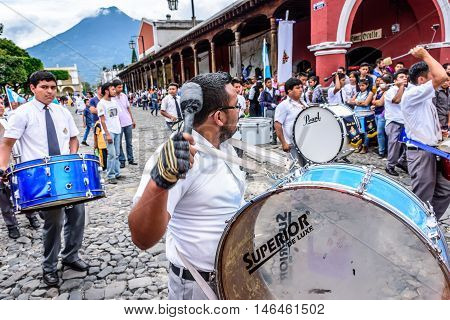 Antigua Guatemala - September 15 2015: School band marches in streets during Guatemalan Independence Day celebrations