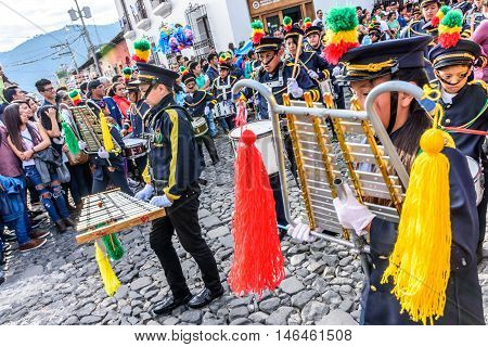 Antigua Guatemala - September 15 2015: School band marches in streets during Guatemalan Independence Day celebrations