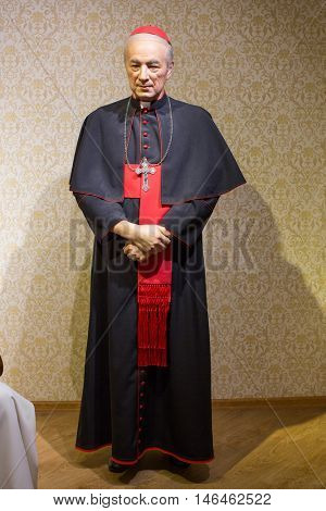 KRAKOW, POLAND - FEB 9, 2016: Stefan Wyszynski ( Polish prelate of the Roman Catholic Church) wax figure of Polonia Wax Museum at Main Market Square. 
