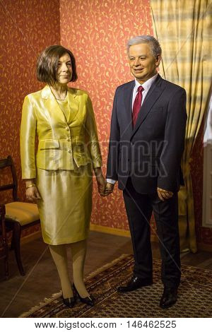 KRAKOW, POLAND - FEB 9, 2016: Lech Kaczynski and Maria wax figures of Polonia Wax Museum at Main Market Square. Wax Museum was opened in 2016, inspired by the organization in Krakow World Youth Day.