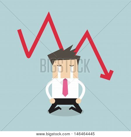 Sad businessman crying with falling down red arrow graph financial crisis