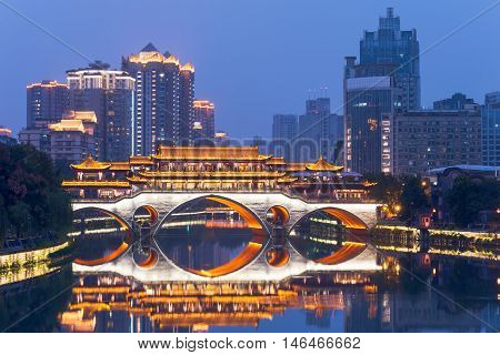 Chengdu Anshun bridge and Jinjiang river at blue hour Sichuan Province China