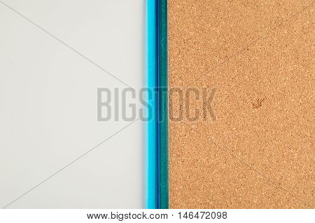 A white board and a cork board in one blue frame