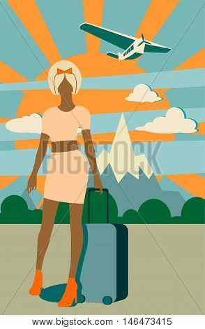 Woman traveler silhouette standing with baggage. Retro hair style. Cloudscape with retro airplane on backdrop