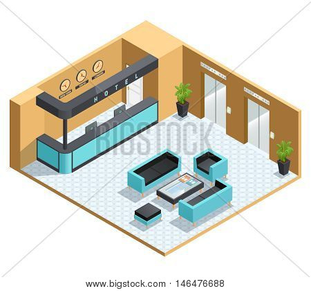 Color isometric illustration depicting hall interior vector illustration