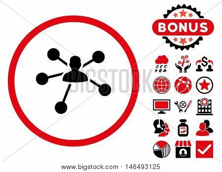 Person Relations icon with bonus. Vector illustration style is flat iconic bicolor symbols, intensive red and black colors, white background.