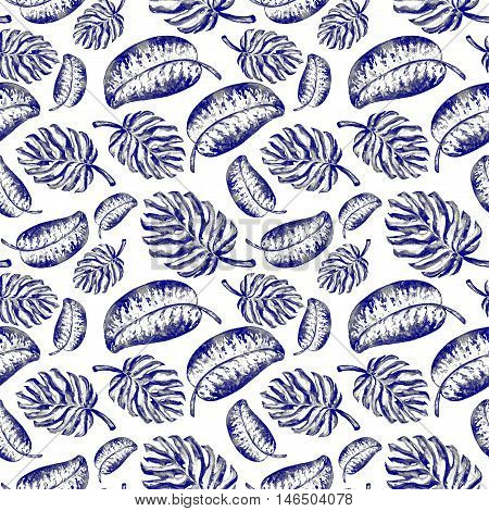 Seamless pattern of leaves monstera. Watercolor sheet