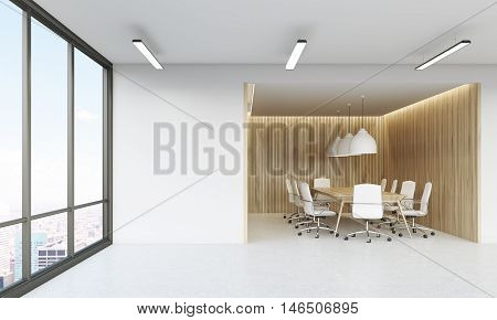 Panoramic window in office lobby with conference room in background. Concept of negotiations. 3d rendering. Mock up.