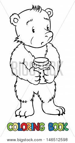 Coloring book or coloring picture of lttle funny bear with jar of honey in his paws. Children vector illustration