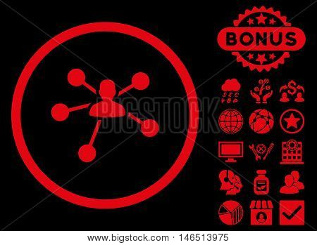 Person Relations icon with bonus. Vector illustration style is flat iconic symbols, red color, black background.