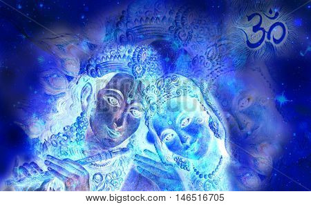 krishna radha couple with sacred symbol, graphic from handpainted original.