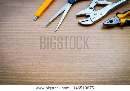 Close Up Tools On Wooden Background For Texture