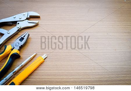 Close Up Tools On Wooden Background For Texture