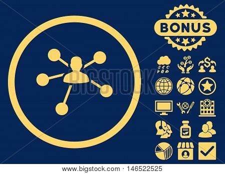 Person Relations icon with bonus. Vector illustration style is flat iconic symbols, yellow color, blue background.