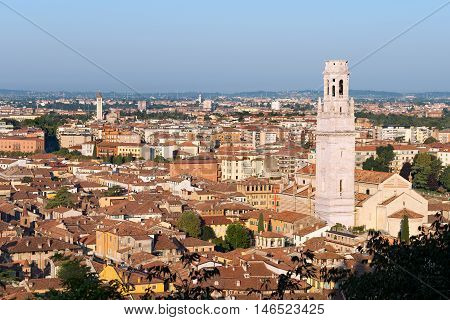 Aerial view of the city of Verona with the Cathedral view from the hill of Castel San Pietro (St. Peter Castle). UNESCO world heritage site - Veneto Italy