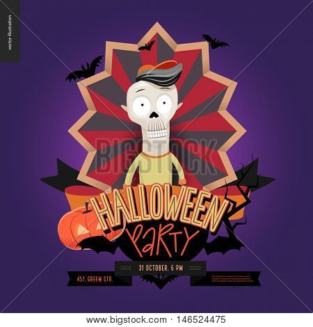 Halloween Party composed sign emblem invitation. Flat vectror cartoon illustrated design of a skeleton in center of striped shield, bats, pumpkin jack-o-lantern, ribbon, lettering