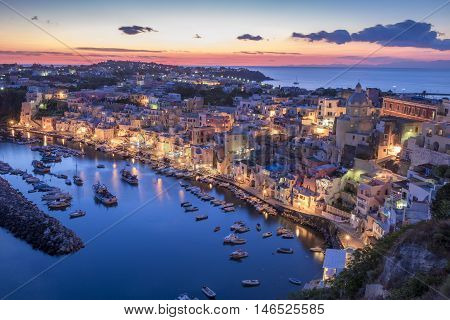 Corricella village on Procida island at night Italy