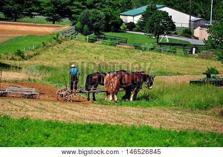 Lancaster County Pennsylvania - June 6 2015: Barefoot Amish boy plowing a field on the family farm pulled by two horses *