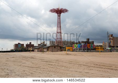 Boardwalk view to the amusement park in the Coney Island New York