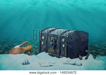 Beautiful Opened Empty Old Wooden Treasure Chest Submerged Underwater World With Anchor, Amphora And