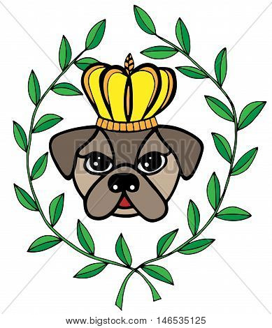 Colorful head dog with crone and leaves. For tattoo card invitation posters texture backgrounds placards banners.