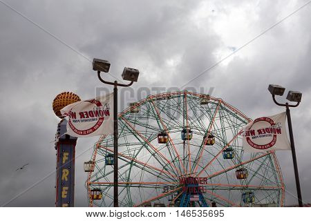 Boardwalk view to the amusement park in the Coney Island New York
