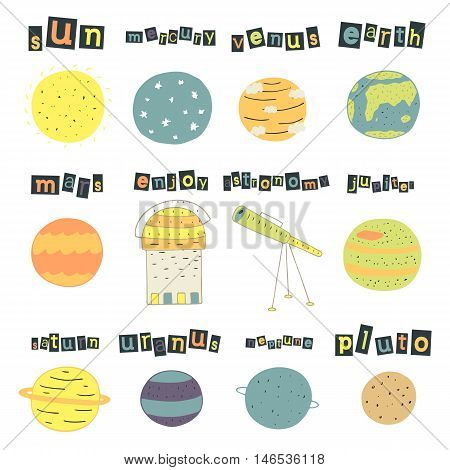 Cute hand drawn doodle cosmic objects planets set including sun mercury venus earth mars jupiter saturn uranus neptune pluto telescope Universe objects collection